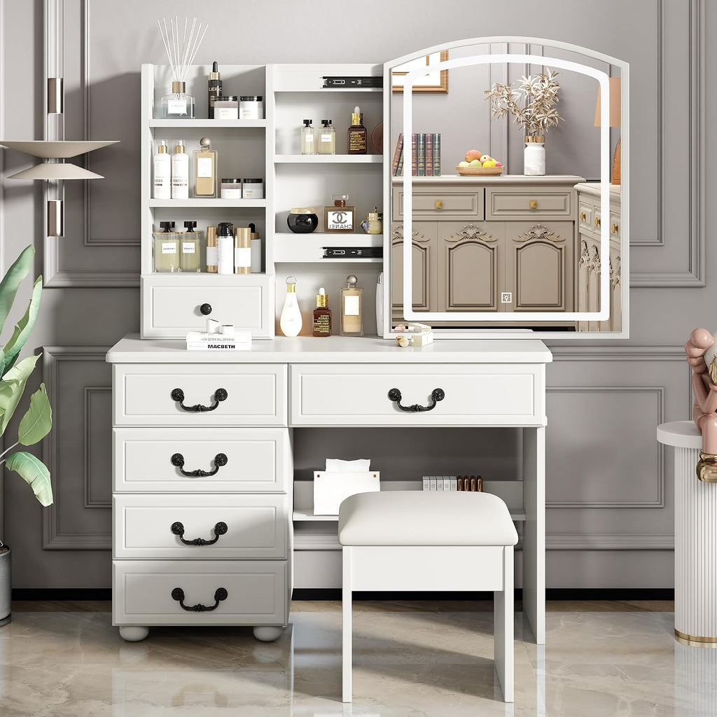 Makeup Vanity Desk with Mirror and Lights, Vanity Table Set with Storage Drawer & Chair & 3 Shelves, 3 Lighting Colors, Adjustable Brightness White Makeup Vanity with Lights (Large)