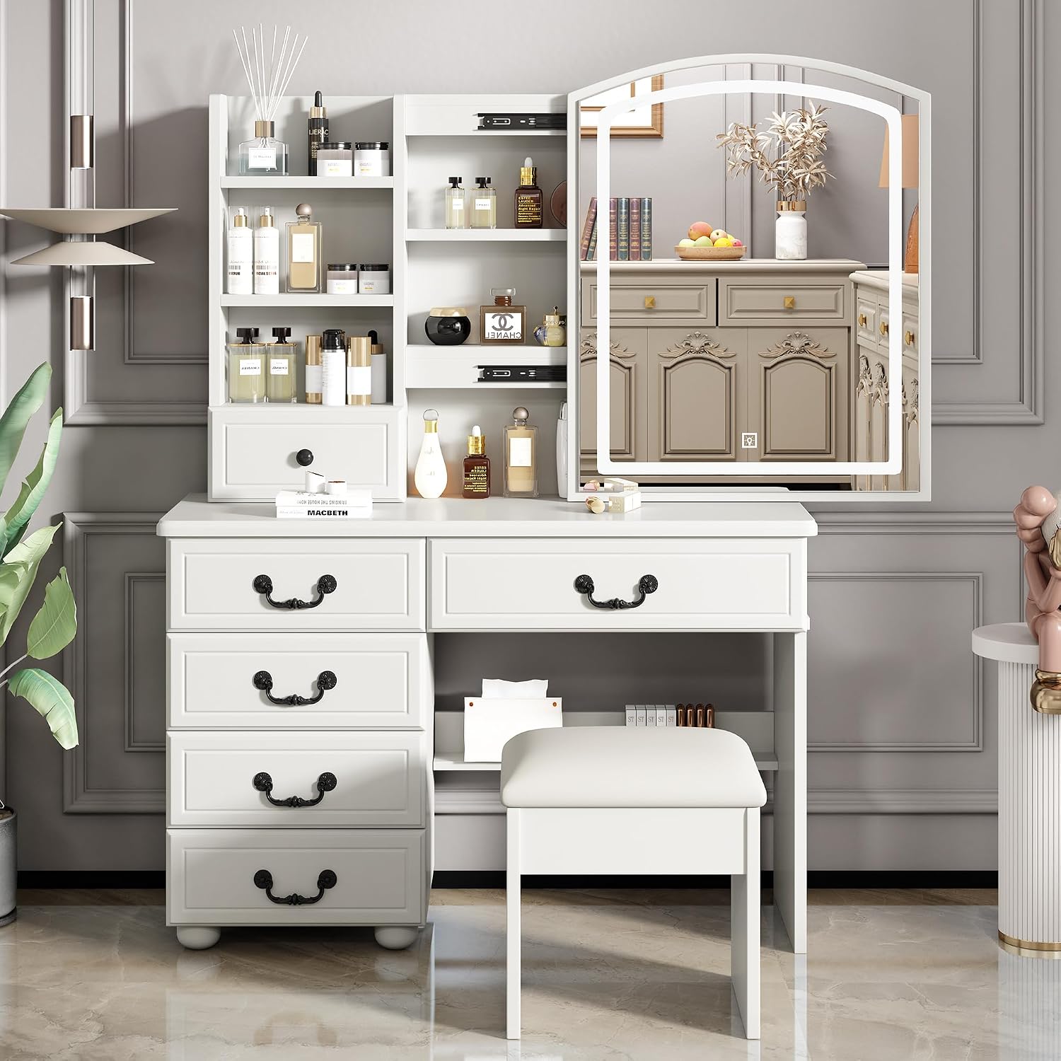 Makeup Vanity Desk with Mirror and Lights, Vanity Table Set with Storage Drawer & Chair & 3 Shelves, 3 Lighting Colors, Adjustable Brightness White Makeup Vanity with Lights (Large)