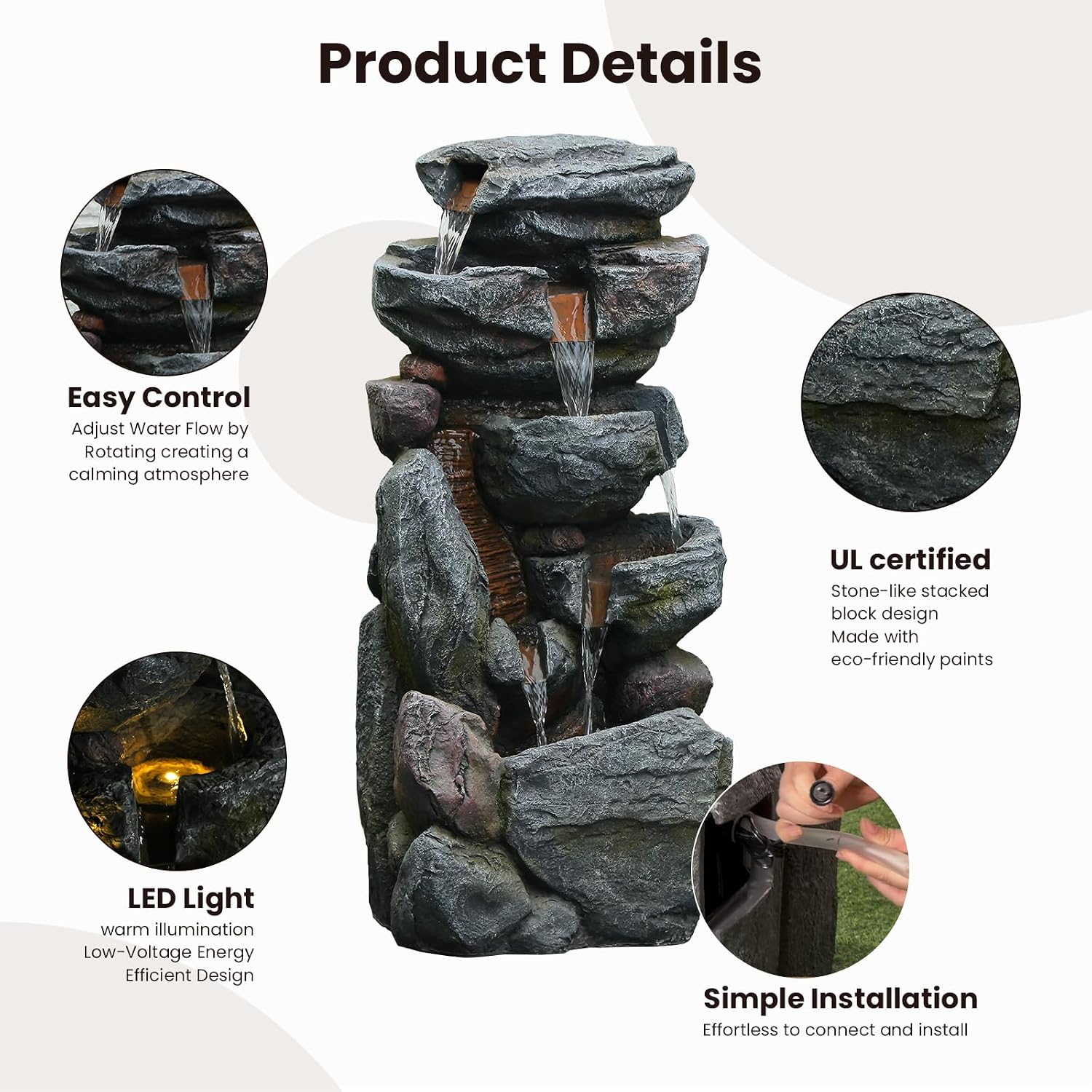 The 5-Tiered Rock Water Fountain Outdoor&Indoor, 31.5''H Floor-Standing Garden Fountains, Stone Feature and Waterfall with Lights for Patio, Backyard, Deck, Porch, Home DéCor, Gray