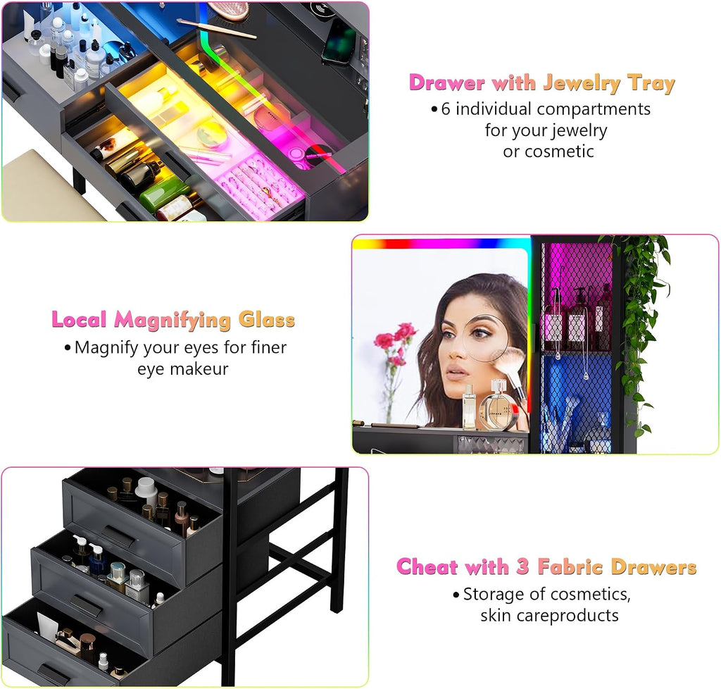 Lvifur RGB Vanity Desk - with Mirror and Lights,7 Dynamic & 24 Static Dimmable Vanity Table Set with Charging Station,Human Sensor LED Vanities w/Glass Top,6 Drawers,Stool,Grey