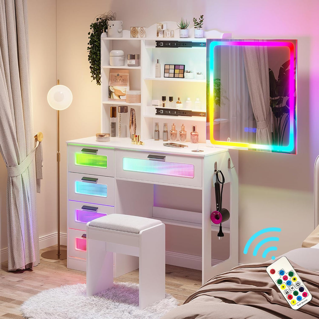 HNEBC Vanity Desk with Sliding Mirror and LED Lights, RGB Vanitys with Charging Station, Makeup Vanitys with Remote Control, White Dresser with Stool/Lager Drawers for Bedroom (White)