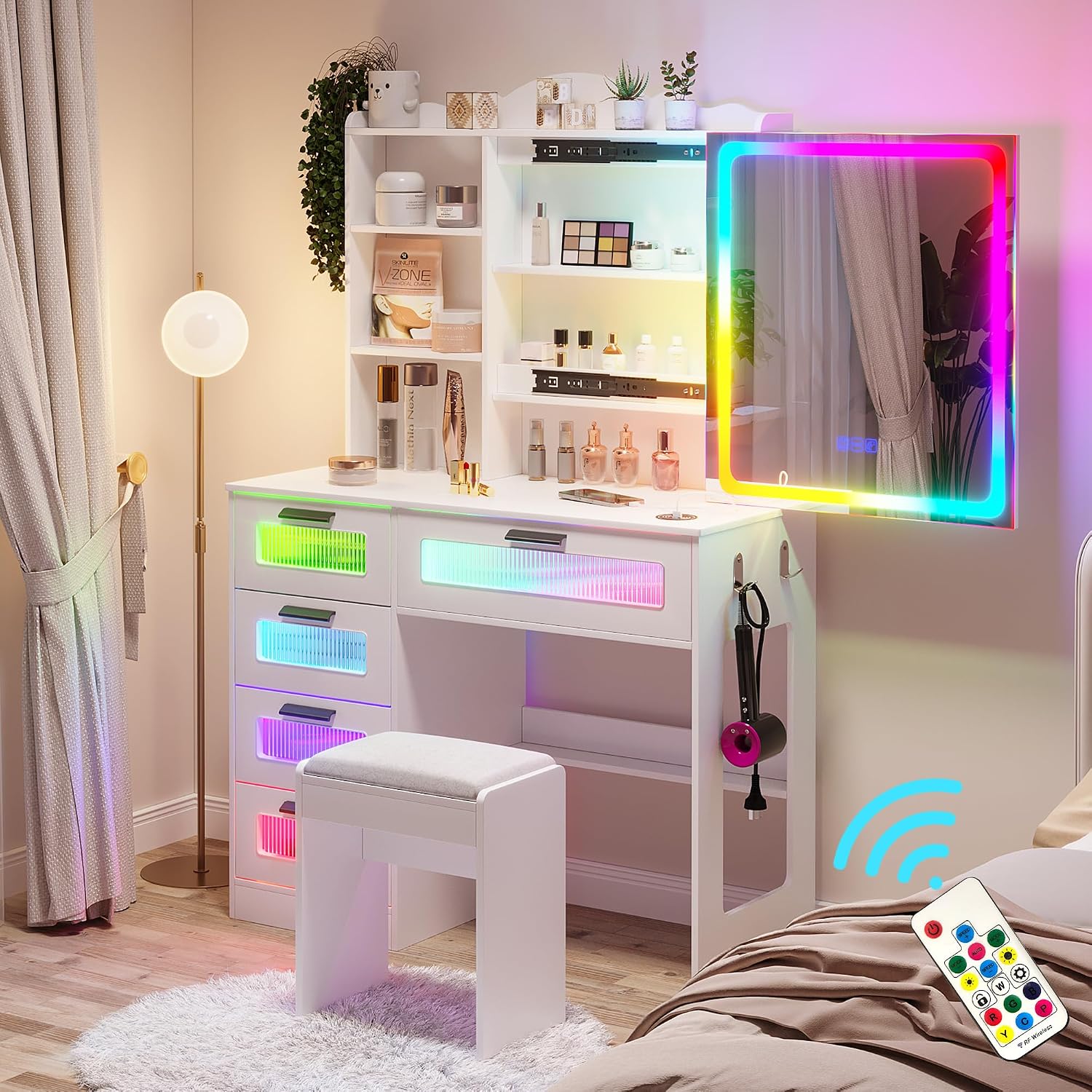 HNEBC Vanity Desk with Sliding Mirror and LED Lights, RGB Vanitys with Charging Station, Makeup Vanitys with Remote Control, White Dresser with Stool/Lager Drawers for Bedroom (White)