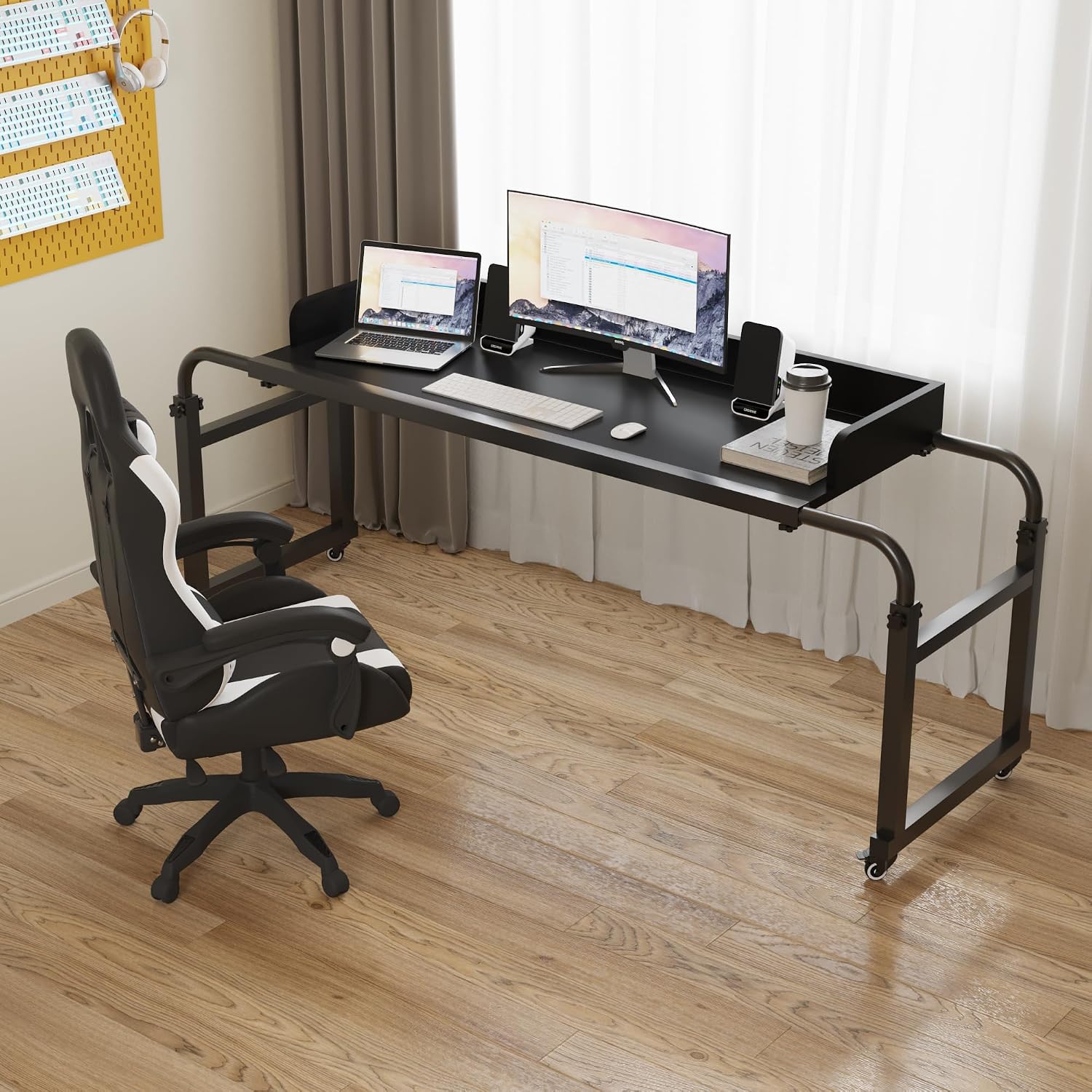 TigerDad Overbed Table with Wheels Overbed Desk Over Bed Desk King Queen Bed Table Overbed Laptop Table Over Bed Table with Wheels(Black)