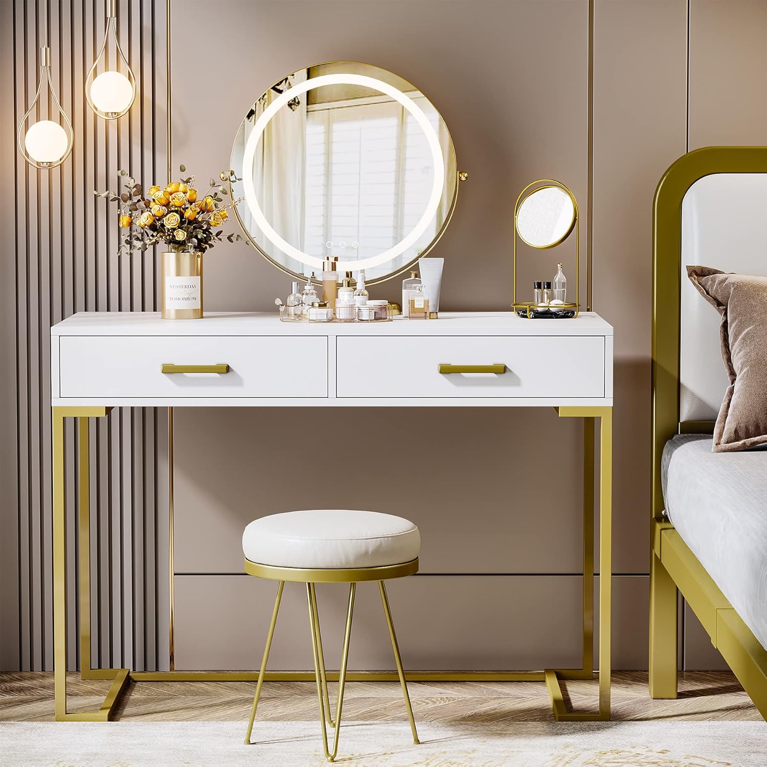 Tribesigns Vanity Desk with 2 Drawers, White and Gold Small Makeup Vanity, Modern Vanity Table Dressing Desk for Women Girls Gifts (Without Mirror)