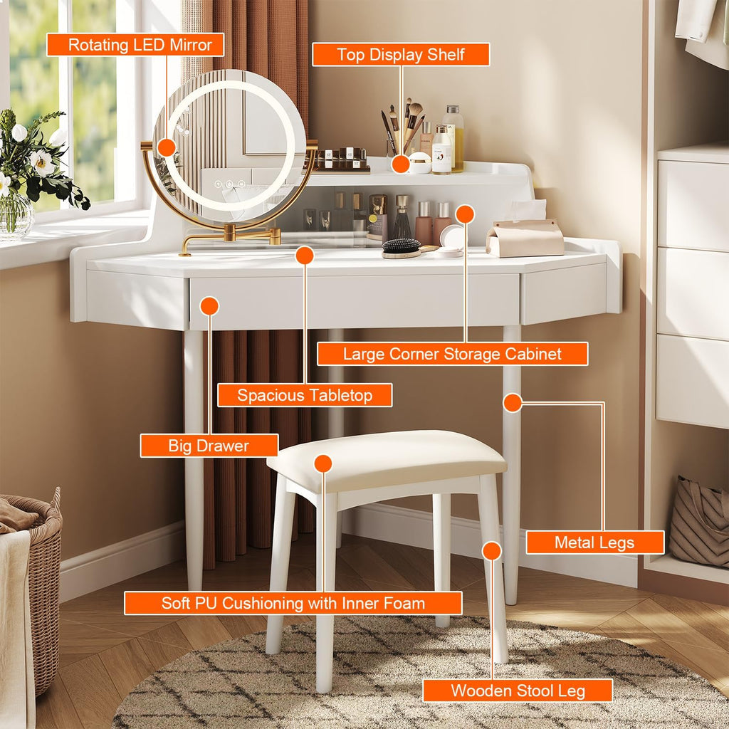 Corner Makeup Vanity Desk with Large Storage, LED Mirror Stool, Brightness Adjustable, Space Saving for Small Places, White