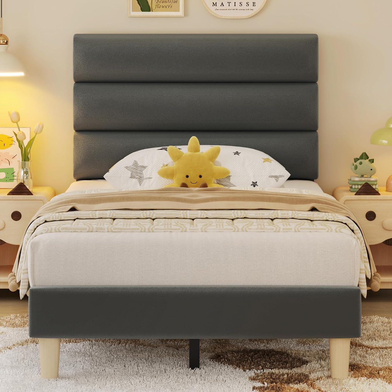 Fluest Twin Bed Frame, Platform Bed Frame with Velvet Upholstered Headboard, No Box Spring Needed, Sturdy Metal Support, Noise Free, Easy Assembly, Modern Bedroom Furniture, Grey