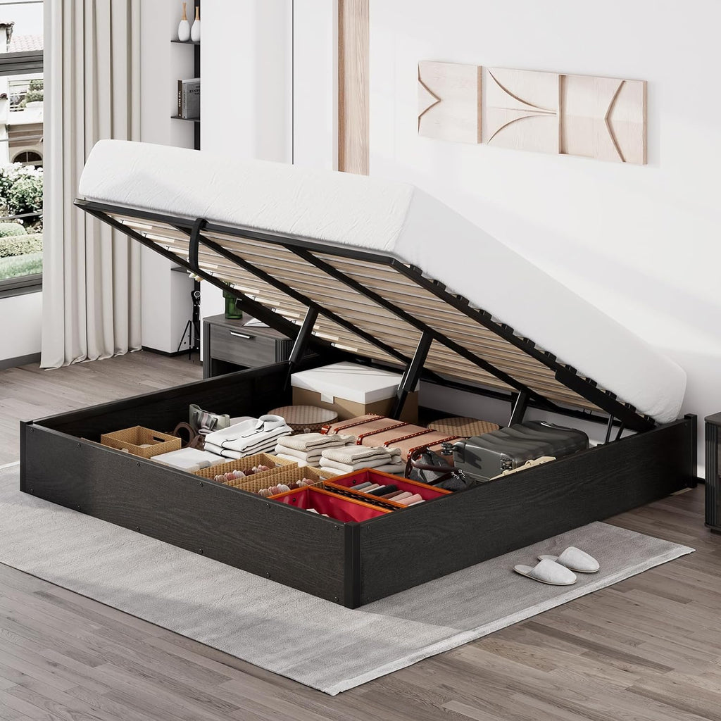LUXOAK King Size Lift Up Storage Platform Bed Frame, Metal Bed Frame with Wooden Slats Support, No Box Spring Needed, Large Storage Space, Noise Free, Easy Assembly, Black