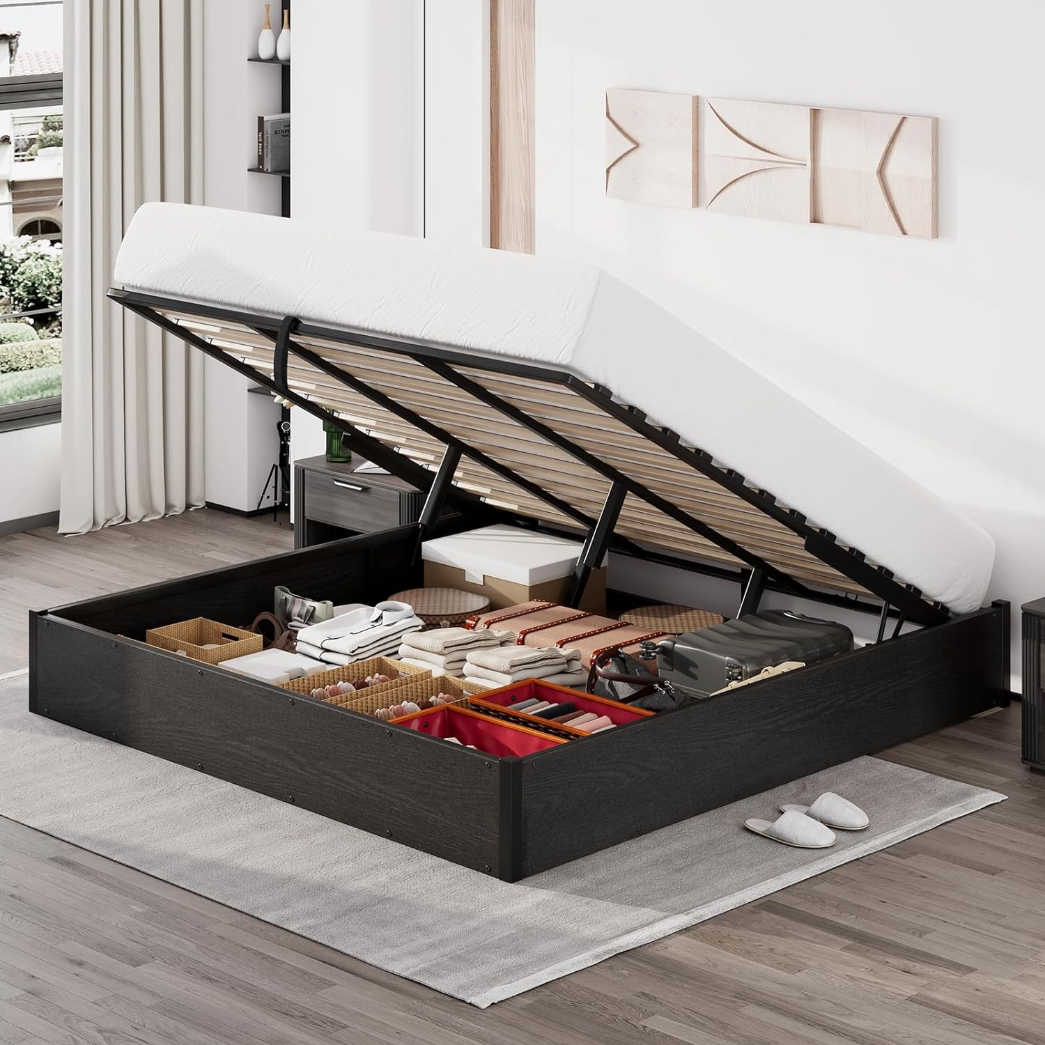 LUXOAK King Size Lift Up Storage Platform Bed Frame, Metal Bed Frame with Wooden Slats Support, No Box Spring Needed, Large Storage Space, Noise Free, Easy Assembly, Black