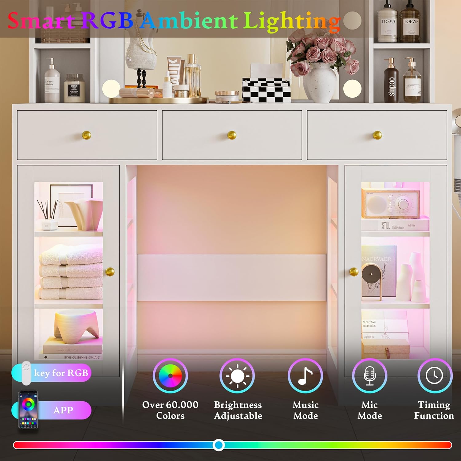 Wodeer Makeup Vanity Desk with Mirror and Lights, White Vanity with Glass Top, LED Lights & Power Outlet, 3 Drawers & 2 RGB Glass Cabinets, Adjustable Lighted Dressing Table for Women & Girls Bedroom