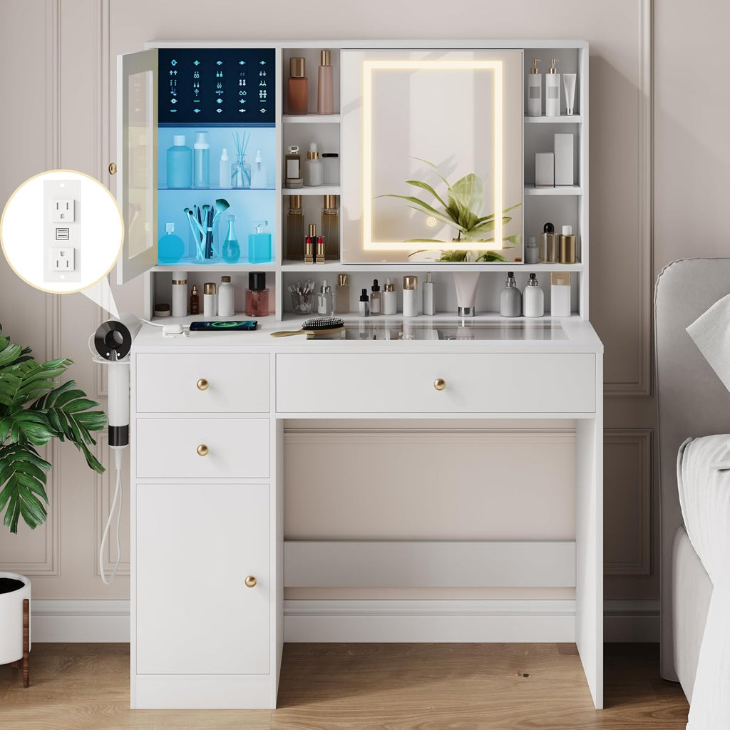 Wodeer Makeup Vanity Desk with Mirror and Lights, White Vanity with Glass Top, Jewelry Storage, Power Outlets, 3 Drawers & 2 Cabinets, Adjustable LED Lighting, Dressing Table for Women & Girls Bedroom
