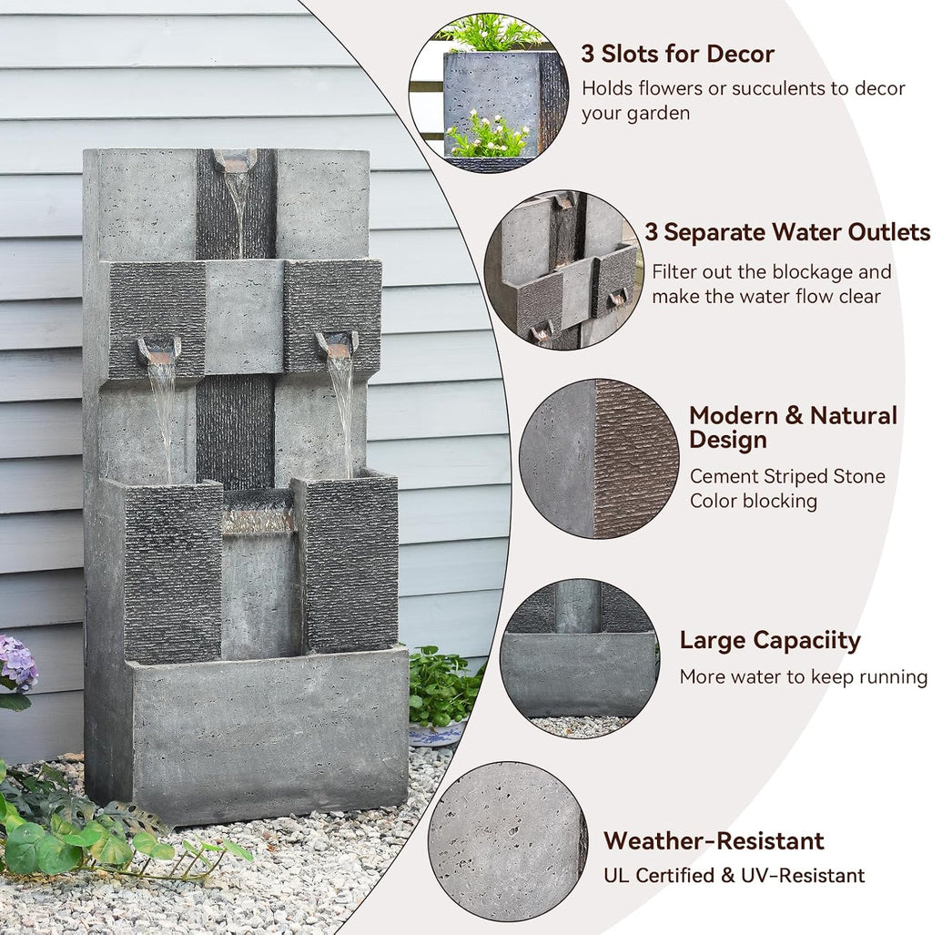 Bumilgar 44.8' H Modern Outdoor Water Fountain with LED Lights and Pump, Mutiply-Tier Standing Cascading Waterfall - Modern Design for Garden,Patio,Yard, Multi-Level Outdoor Decor (Gray)