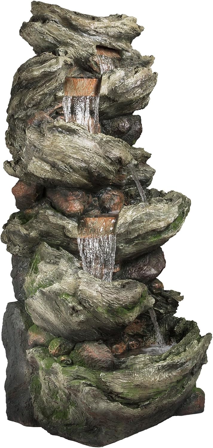 Alpine Corporation WIN1424 81' 5 Tier Rock Water Fountain with LED Lights – Natural Stone Look for Indoor/Outdoor Use, Elegant Cascading Water Feature for Gardens, Patios, or Living Room, Brown