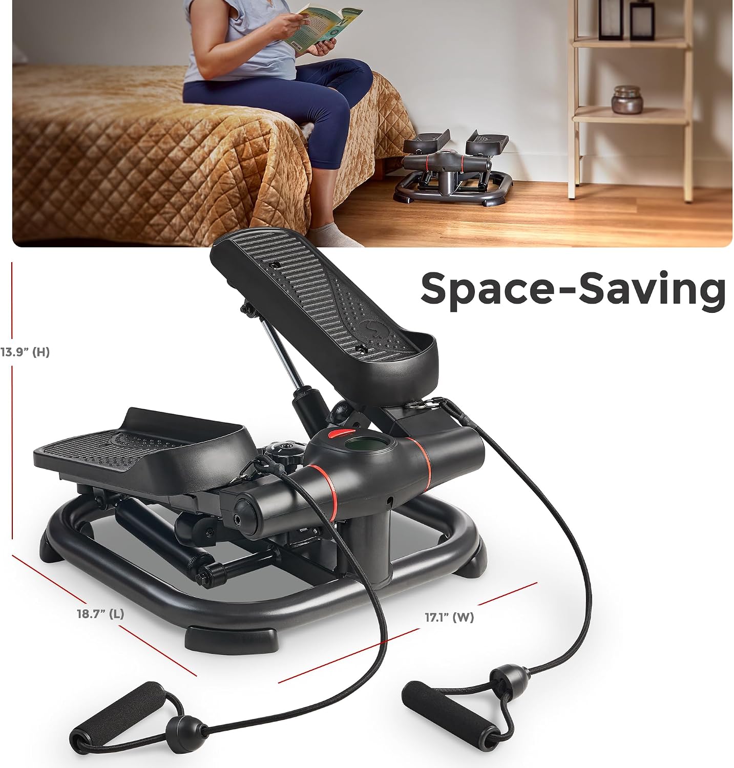 Sunny Health & Fitness 2-in-1 Power Stepper, 400 lb Weight Capacity, Resistance Bands, Height-Adjustable, Low-Impact Cardio, Bluetooth + SunnyFit App, SF-S021054