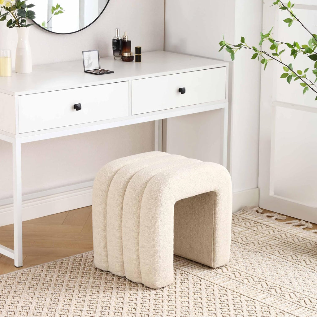 Flouki Ottoman Foot Stool with Channel Tufted, Small Ottoman Bench for Entryway, Modern Vanity Stool Chair, Upholstered Foot Rest Extra Seat for Living Room (Beige Linen)