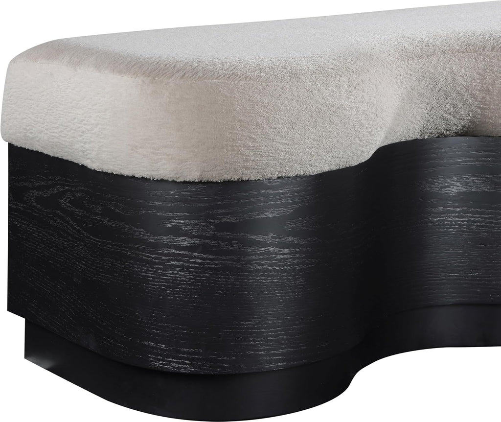 Meridian Furniture 22081Beige Savoy Collection Art Deco Bench with Soft Beige Velour Fur Fabric, Rich Black Finish, Mix of Solid Wood & MDF, 60' W x 18.5' D x 18.5' H, Beige