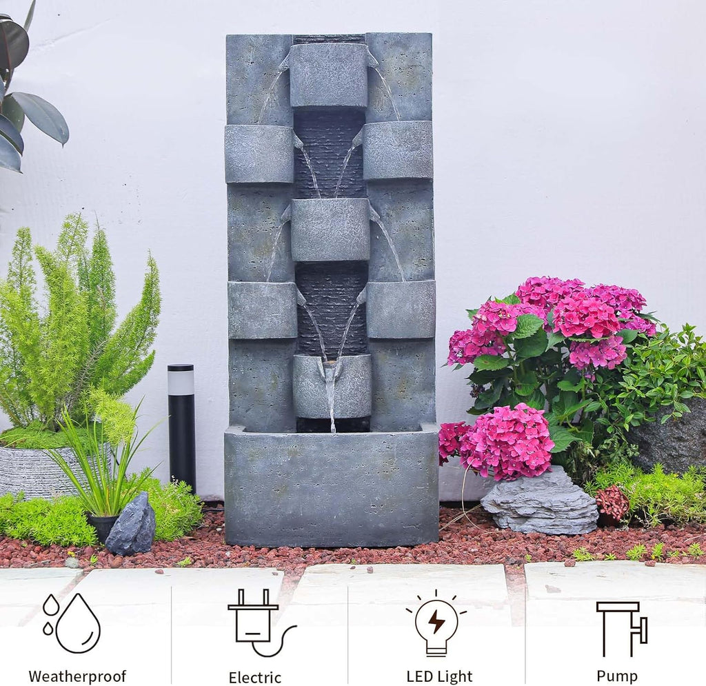 Bumilgar 44.8' H Modern Outdoor Water Fountain with LED Lights and Pump, Mutiply-Tier Standing Cascading Waterfall - Modern Design for Garden,Patio,Yard, Multi-Level Outdoor Decor (Gray)