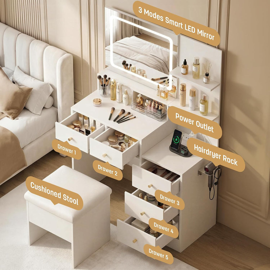 Vanity Desk with Mirror & Lights, Makeup Vanity with 5 Drawers & Cushion Stool, White Vanity Table, 3 Color Modes & Adjustable Brightness, Built-in Power Outlet