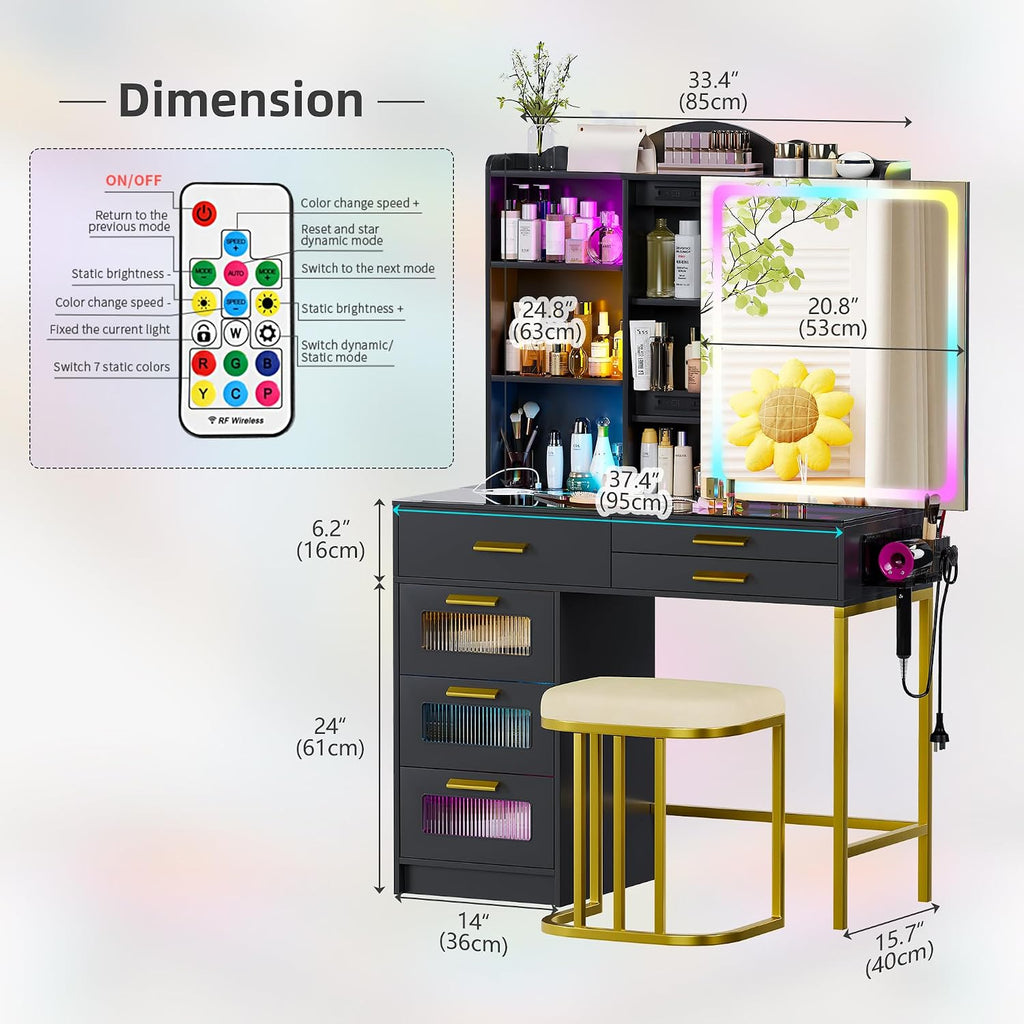RGB Vanity Desk with Sliding Mirror and Lights,Makeup Vanity with Charging Station,LED Vanity Table with Glass Top,Girls Vanities Dressing Table Set with Stool&6 Drawers for Bedroom(Black