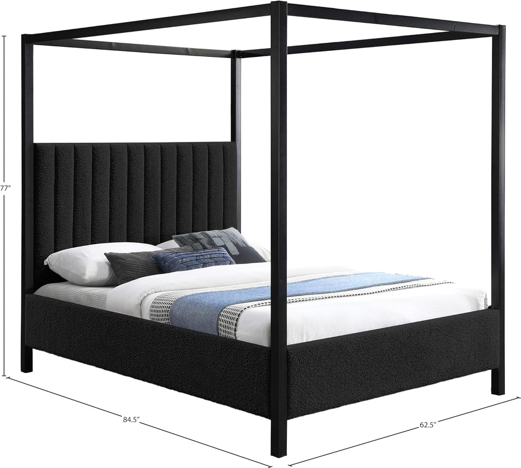Meridian Furniture KellyBlack-Q Kelly Collection Modern | Contemporary Queen Bed with Rich Black Boucle Fabric, Matte Black Iron Metal Frame Canopy, 62.5' W x 84.5' D x 77' H, Black, Queen