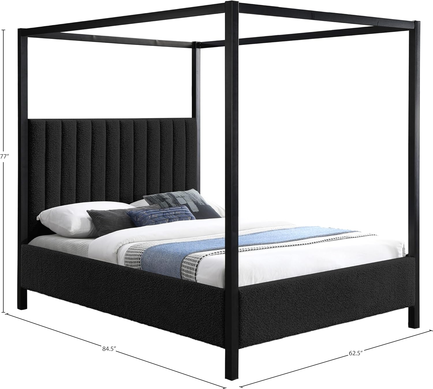Meridian Furniture KellyBlack-Q Kelly Collection Modern | Contemporary Queen Bed with Rich Black Boucle Fabric, Matte Black Iron Metal Frame Canopy, 62.5' W x 84.5' D x 77' H, Black, Queen