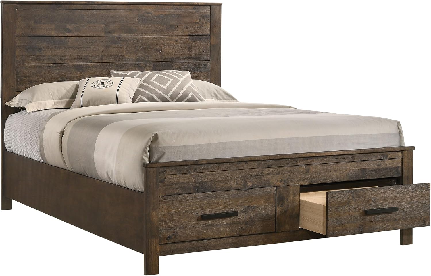 Coaster Home Furnishings - Woodmont - Wood - Queen Panel Bed with Storage Footboard, Block Legs, Horizontal Panel Headboard, and Two Drawers - Bedroom - Rustic Golden Brown - 222631Q