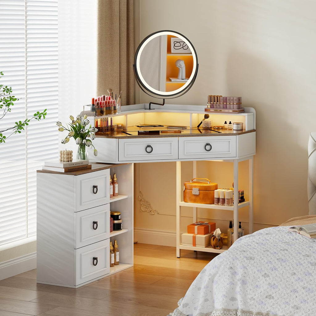 Corner Vanity Desk with Rotating Mirror and LED Lights,Makeup Table Set with Charging Station,5 Drawers & Shelves,Modern Dressing Table with Glass Top for Bedroom, Birthday Gift(White)