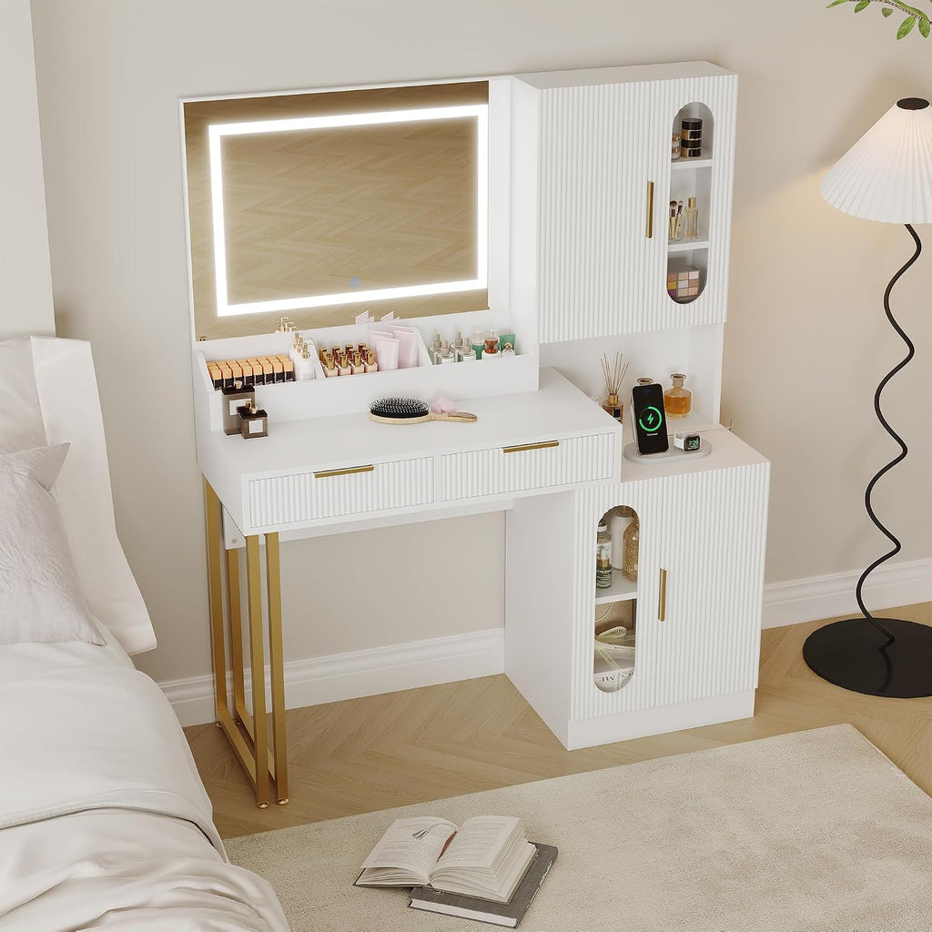 Garvee Fluted Vanity with Mirror and Lights, Wooden Vanity Desk, Makeup Table with Charging Station, Drawers & Storage Cabinets, White