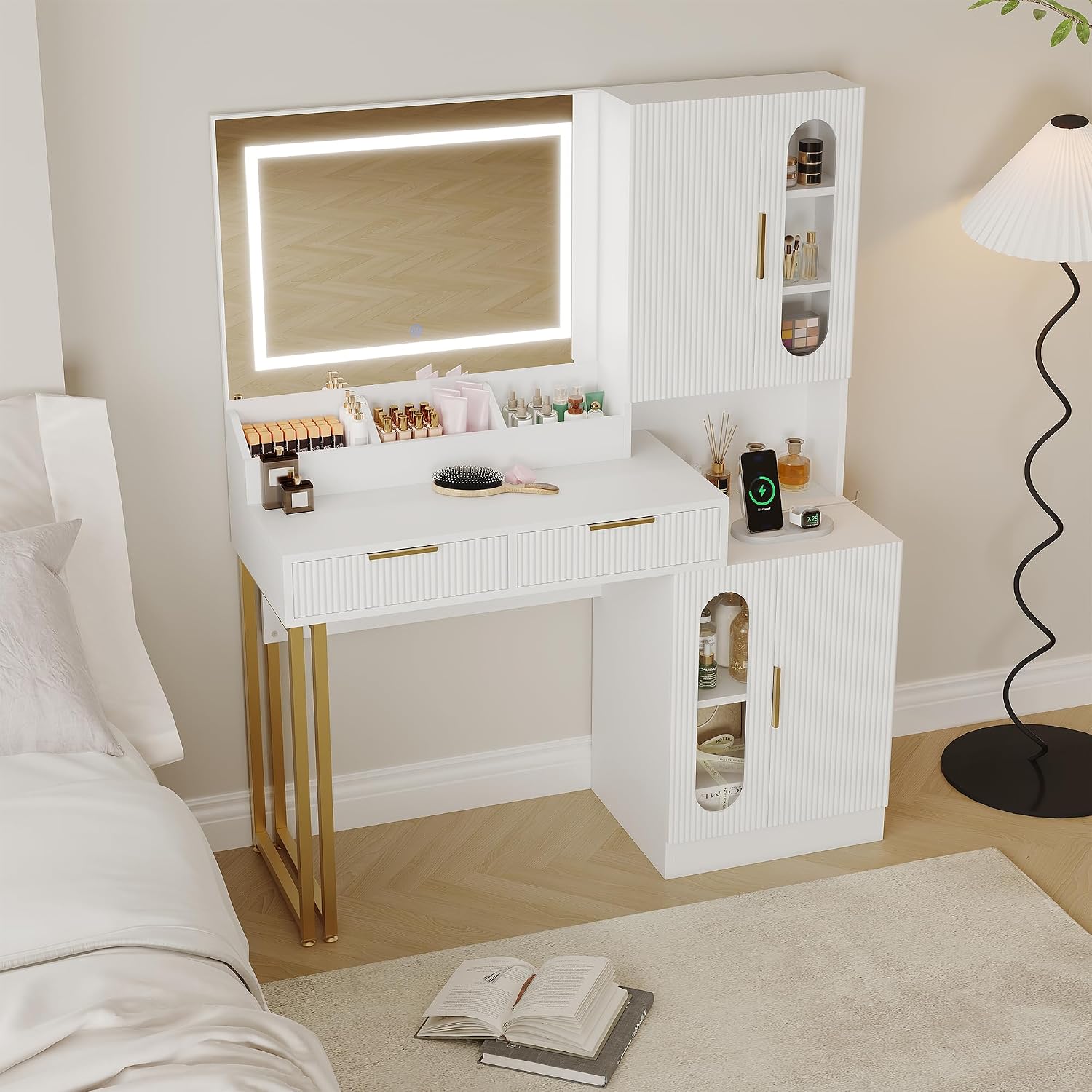 Garvee Fluted Vanity with Mirror and Lights, Wooden Vanity Desk, Makeup Table with Charging Station, Drawers & Storage Cabinets, White