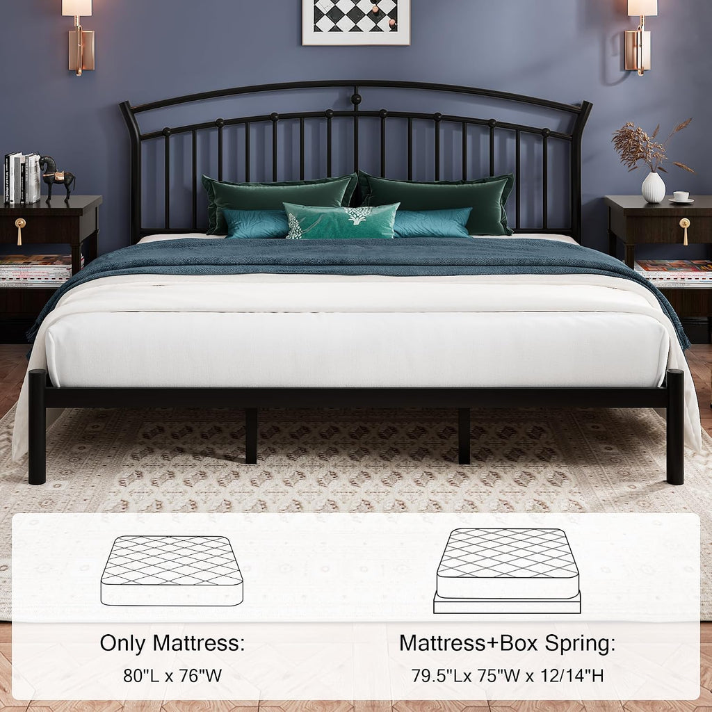 Einhomn King Size Bed Frame, Black Metal Bed Frame with 12' Under-Bed Storage, Heavy Duty Steel Slat Support, Noise-Free, No Box Spring Needed, Easy Assembly