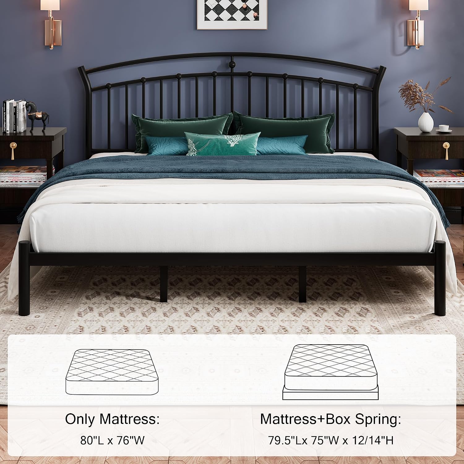 Einhomn King Size Bed Frame, Black Metal Bed Frame with 12' Under-Bed Storage, Heavy Duty Steel Slat Support, Noise-Free, No Box Spring Needed, Easy Assembly