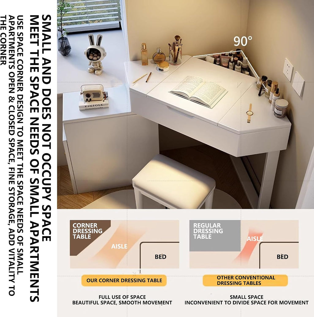 Vanity Desk with Chair, Solid Wood Corner Makeup Vanitys with Flip-Top Mirror, Expandable Storage Cabinet, Interchangeable Left and Right, Dresser with Mirror for Small Spaces(Brown)