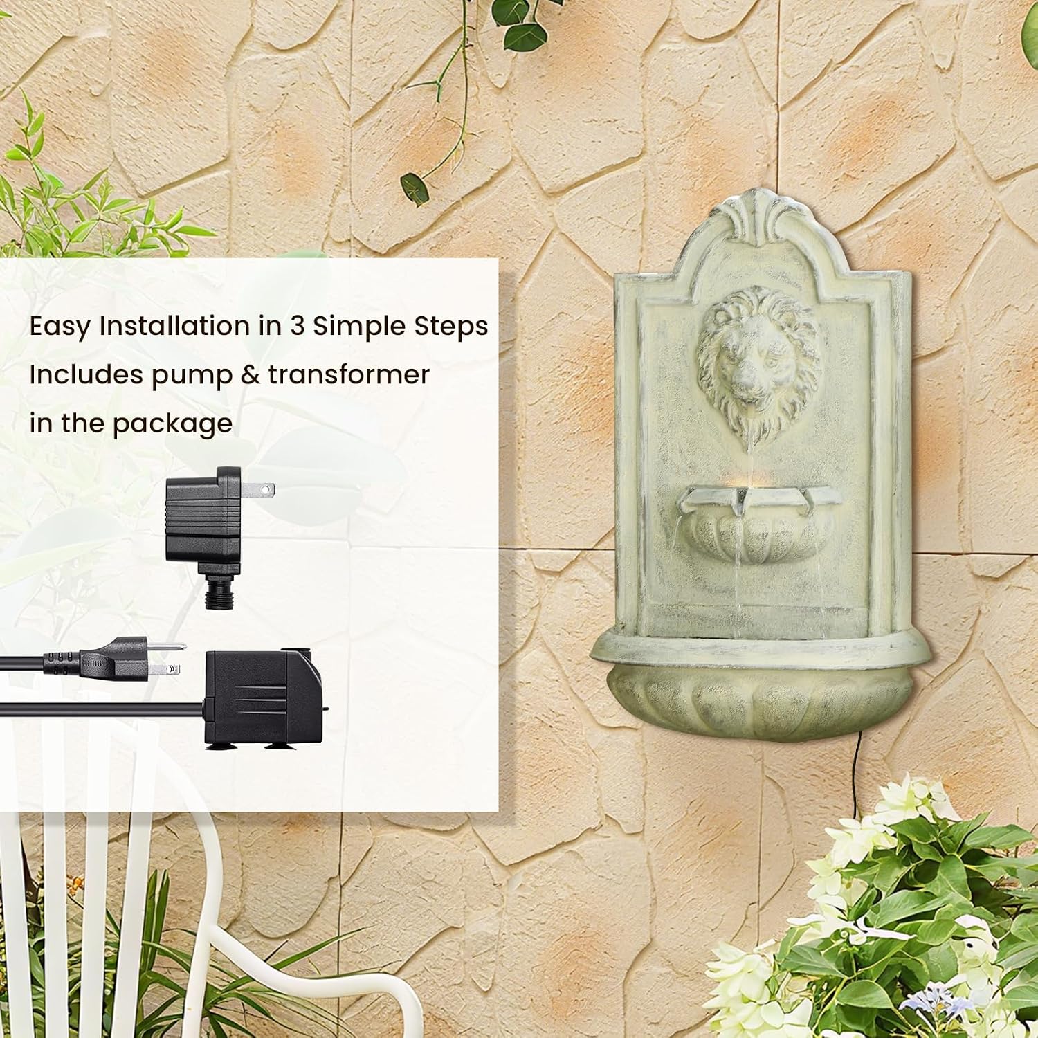 Lion Head Wall Hanging Fountain, 27.5' H Classic Outdoor Wall-Mounted Water Feature, Resin Antique Garden Wall Fountain with LED Light & Water Basin for Patio, Porch, Yard & Courtyard Décor