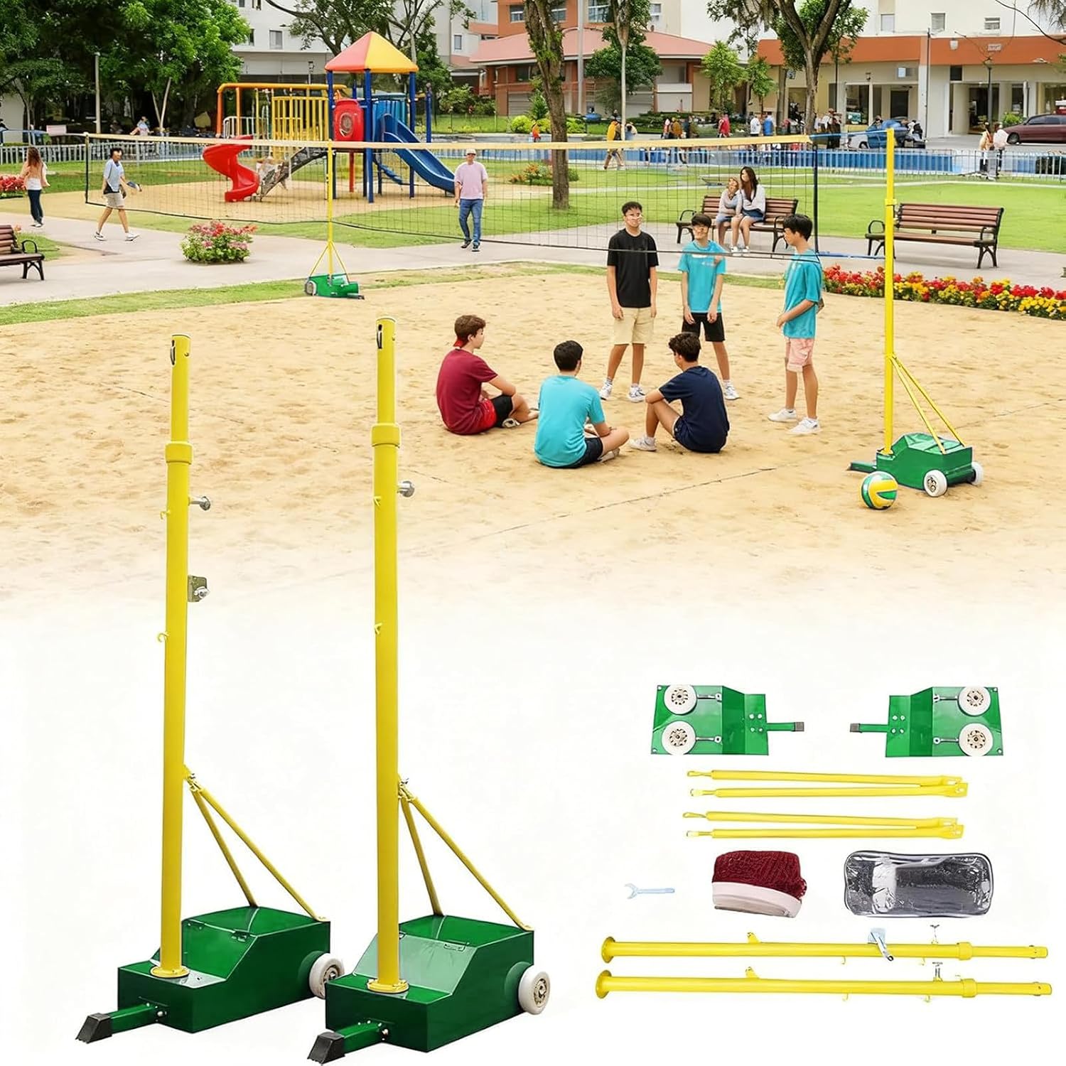 Portable Volleyball Net For Backyard, Badminton Court Training Net, Badminton Set And Volleyball Poles, Height Adjustable 5-6 FT, With Stable Base, Outdoor Sports Equipment For Adults Youth Green