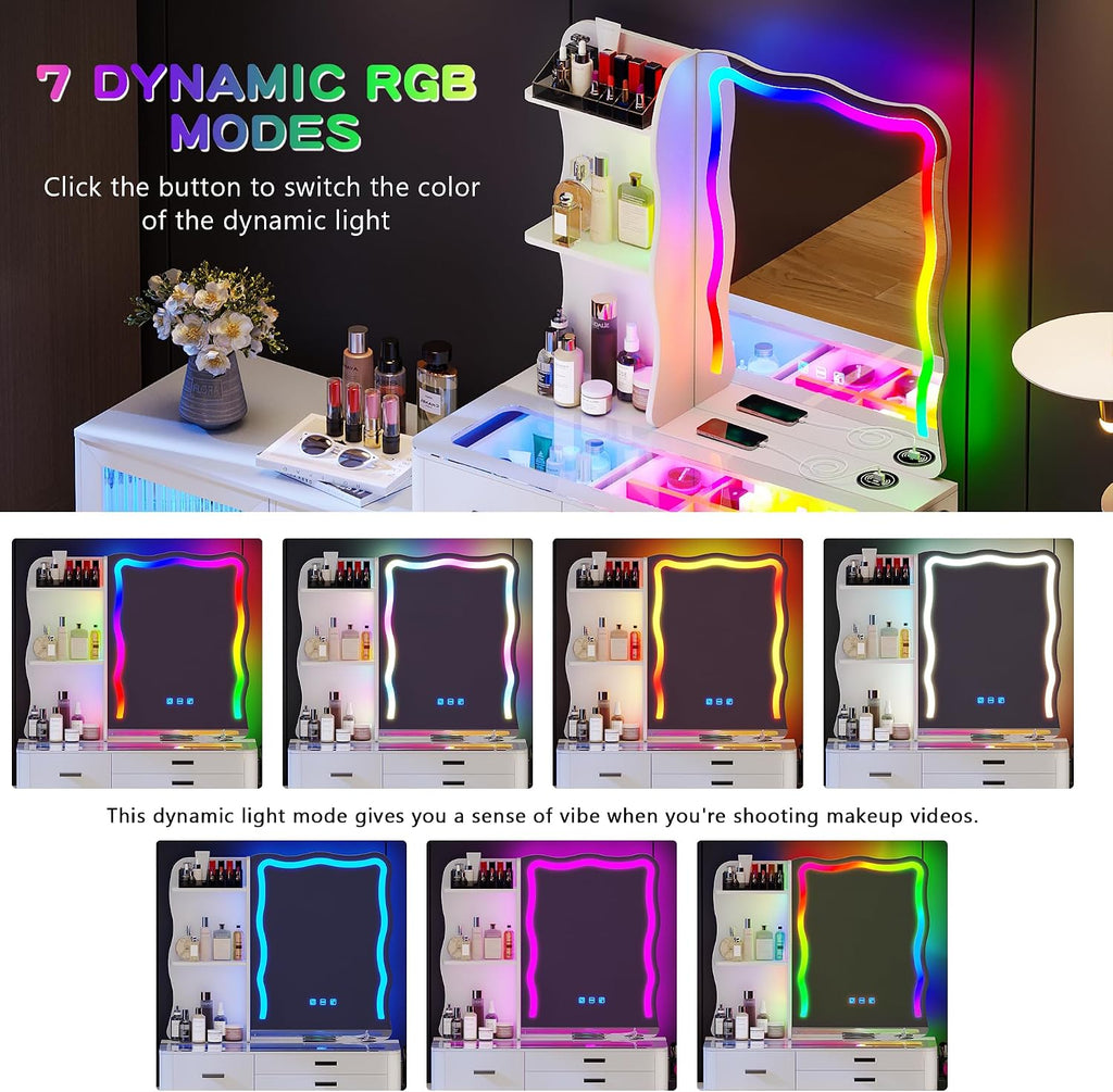 Lvifur RGB Makeup Vanity Desk with Lights, Glass Top Vanity Table with 24 Color Dimmable Lights, Large Vanity Set with 8 Drawers, Dressing Table with Cushioned Stool, Gift for Girls