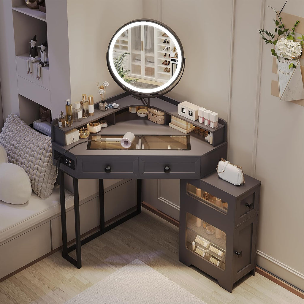 Corner Vanity Desk with Mirror and Lights, Modern Makeup Vanity with Charging Station & Human Sensor Light, Glass Top Dressing Table with 4 Drawers & Shelves for Bedroom (Grey)