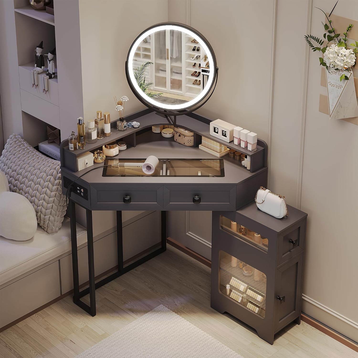 Corner Vanity Desk with Mirror and Lights, Modern Makeup Vanity with Charging Station & Human Sensor Light, Glass Top Dressing Table with 4 Drawers & Shelves for Bedroom (Grey)