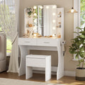 Small Vanity Desk with Mirror and Lights, Makeup Vanity Desk with 3 Color Modes Adjustable Bulb, 2 Large Drawers and 4 Open Storage Shelves, White Vanity with Charging Station for Bedroom