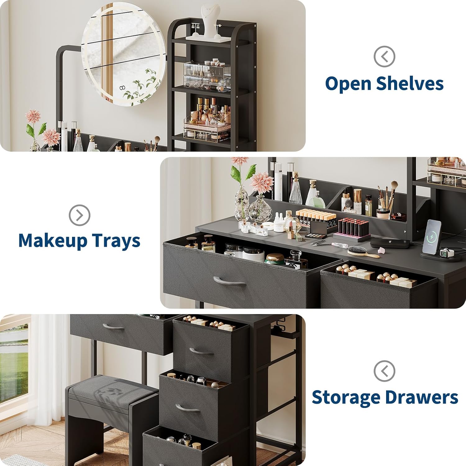 Patikuin Makeup Vanity with LED Mirror & Power Outlet, Small Dressing Table Set with Drawers & Shelves, Vanity Desk for Bedroom Beauty Corner