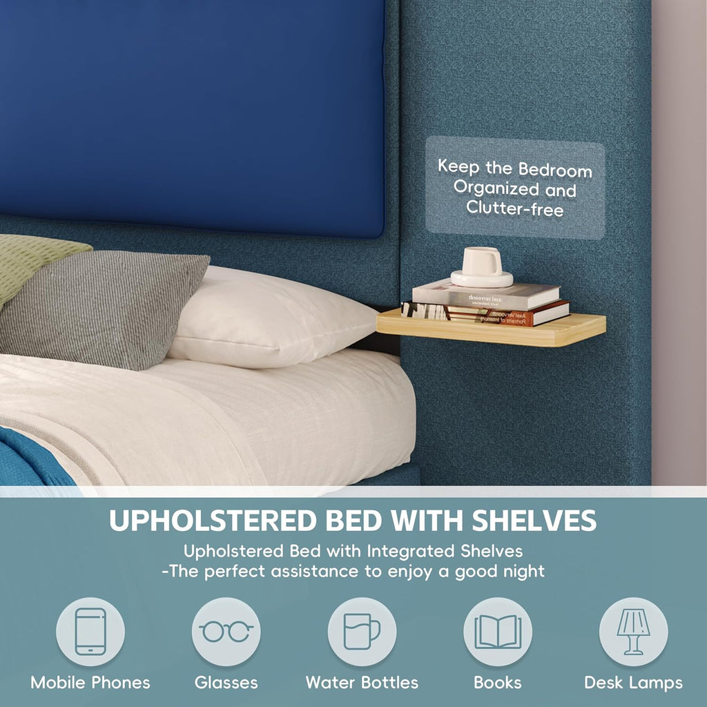 King Bed Frame with Soft Upholstered Storage Tall Headboard, King Size Floor Platform Bed Frames, Anti-Collision Curved Footboard Bedroom Sets,No Box Spring Needed (Blue, King)