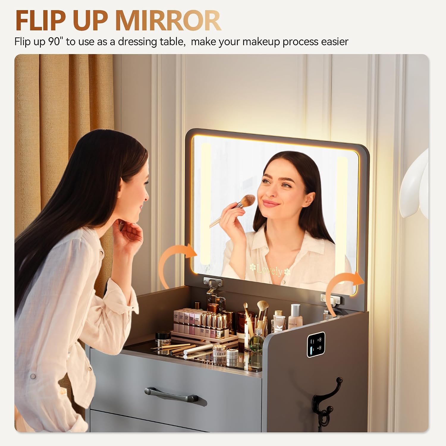 3 in 1 Vanity Desk with Flip up Mirror and Lights, Glass Top Makeup Vanity Table with Charging Station,LED Compact Dressing Table with 3 Drawer and Wheel Storage Stool for Bedroom(Grey)