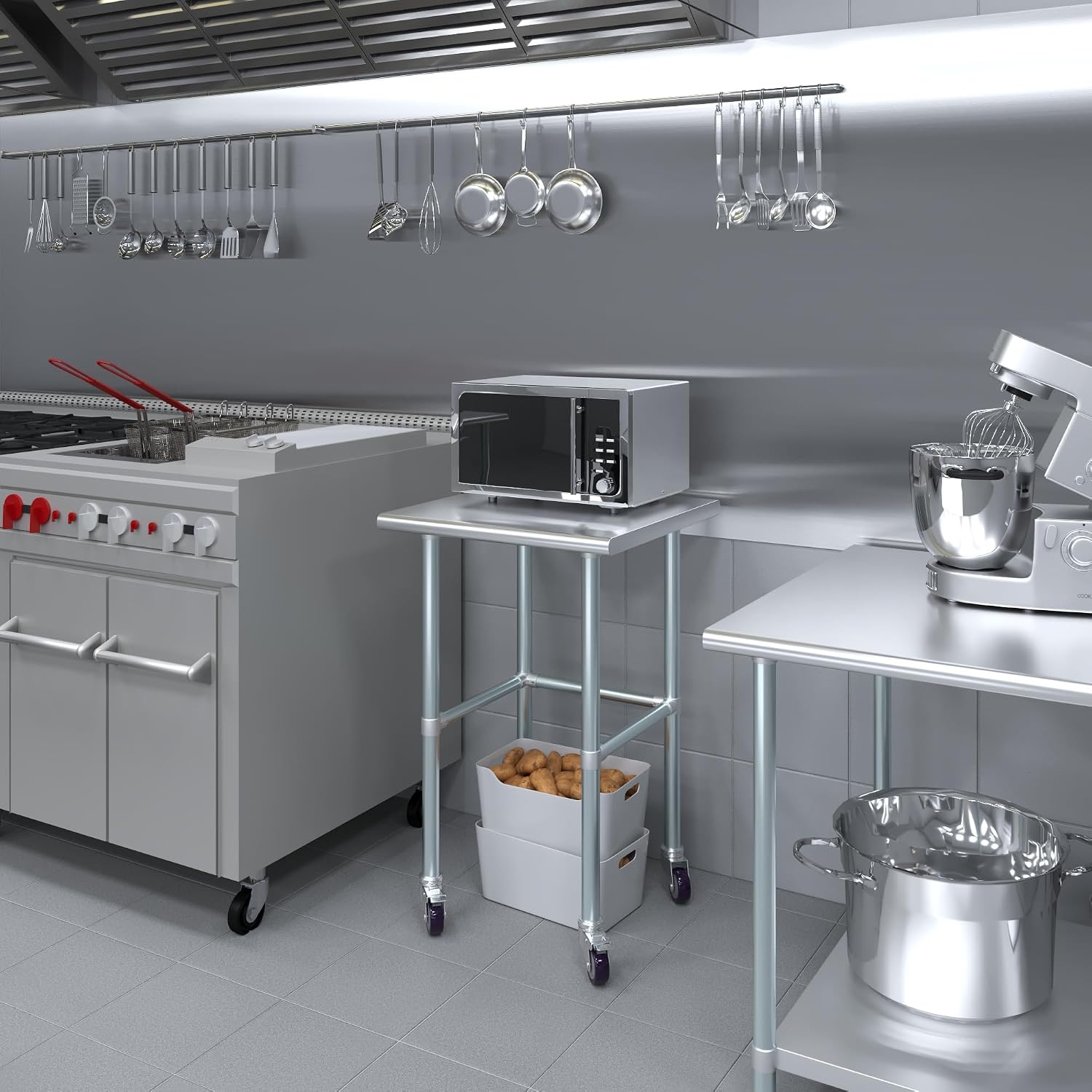 AmGood Stainless Steel Work Table Open Base & Wheels | Work Station | Metal Work Bench (Stainless Steel Work Table Open Base + Casters, 24' Long x 24' Deep)
