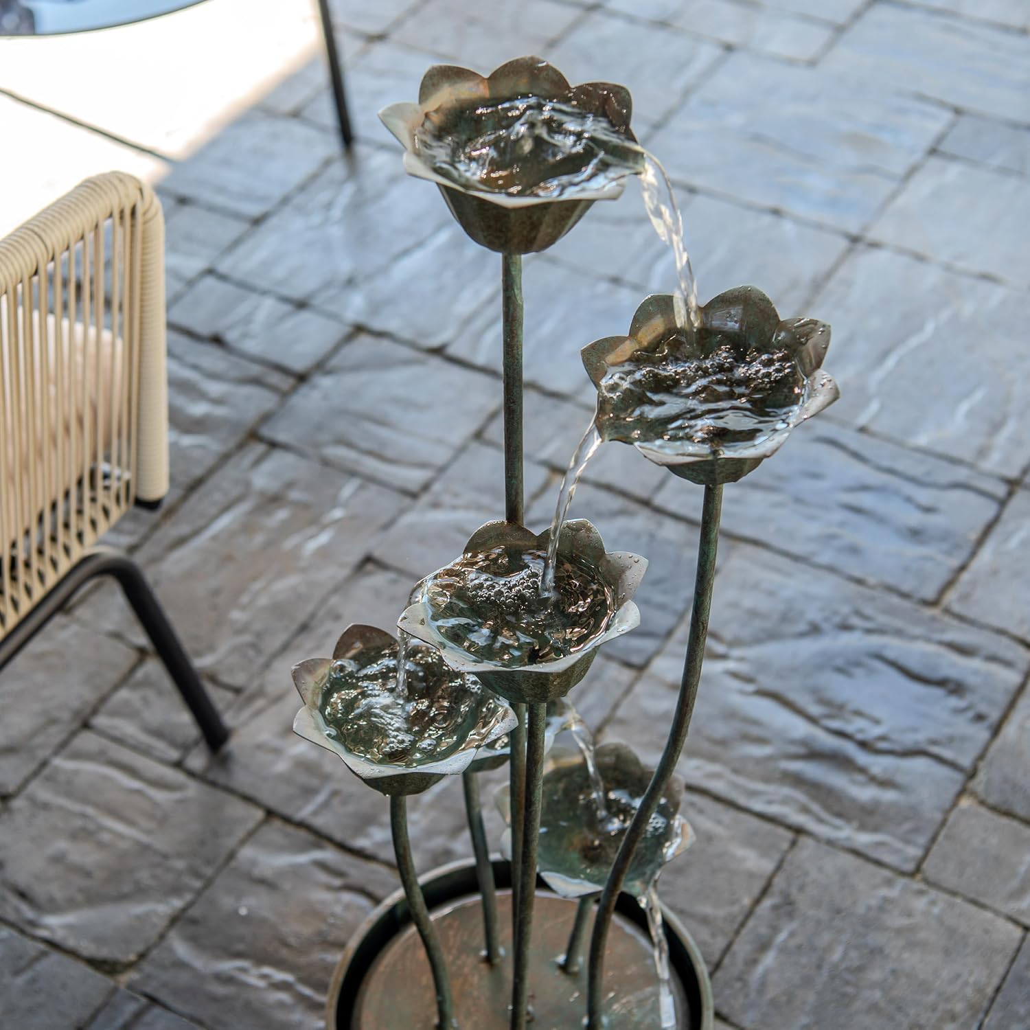 XBrand 35' Tall Silver Metal Sculptural Flower Multi-Tier Freestanding Water Fountain for Indoor & Outdoor Use, Decorative Garden Patio Backyard Water Feature