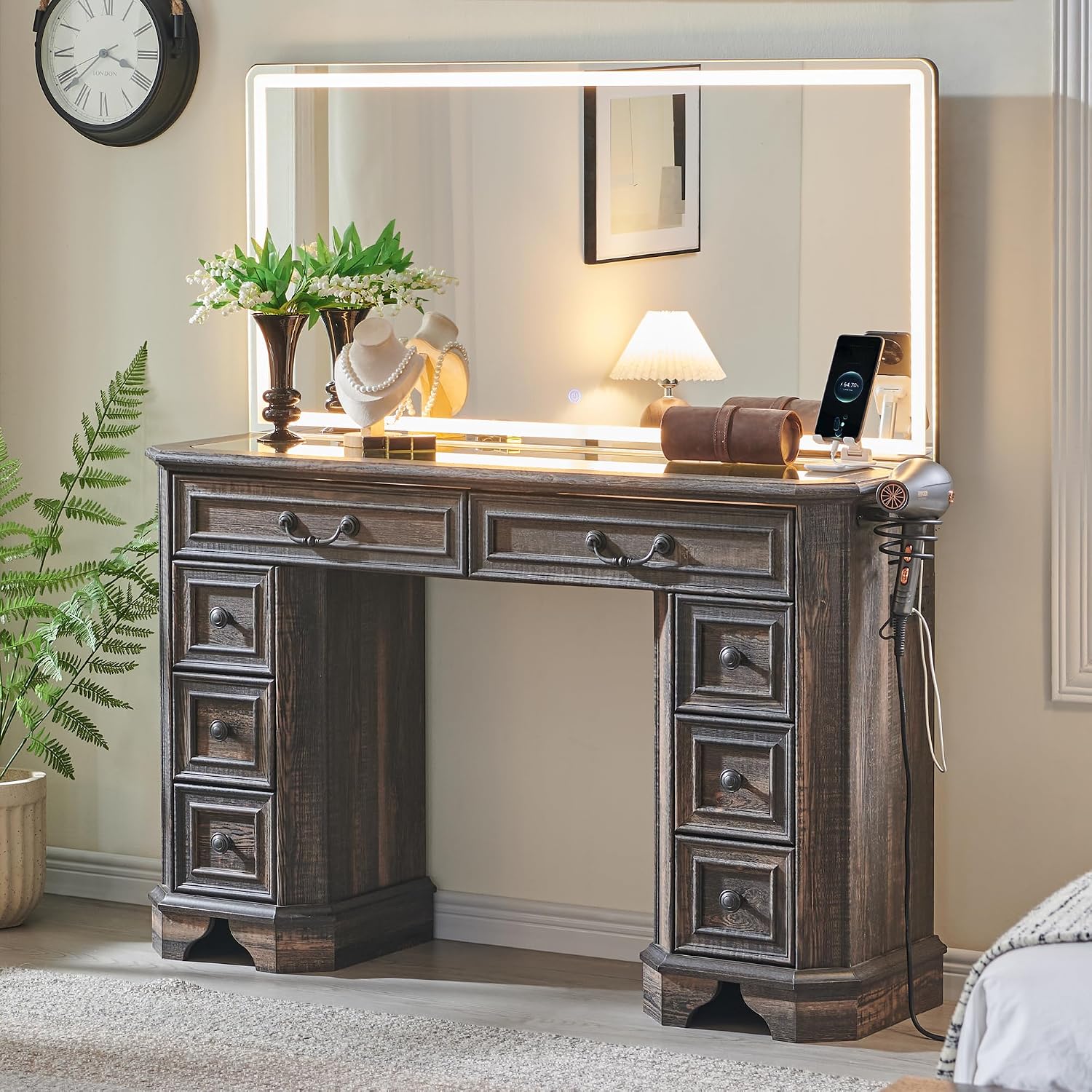 T4TREAM Makeup Vanity Desk with 48' HD Lighted Mirror, Farmhouse Vanity Table with 8 Drawers, Vanity Desk with 3 Color Modes, Dressing Table with Glass Top and Power for Bedroom(Dark Rustic Oak)