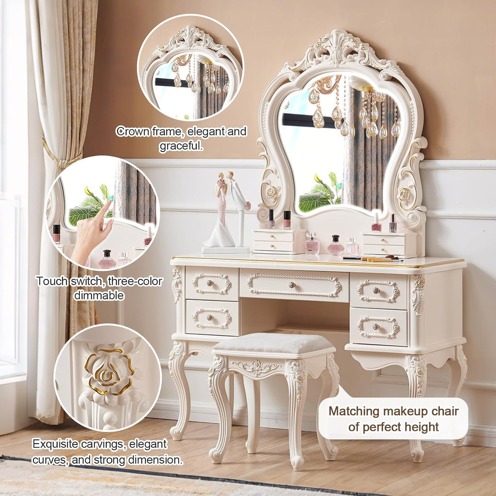 Mid Century Vanity Table with Mirror and Stool, Makeup Vanity Desk with Lights and Drawers for Jewelry & Cosmetics, Vintage European Vanities & Vanity Benches for Bedroom,Widths: 31.5'