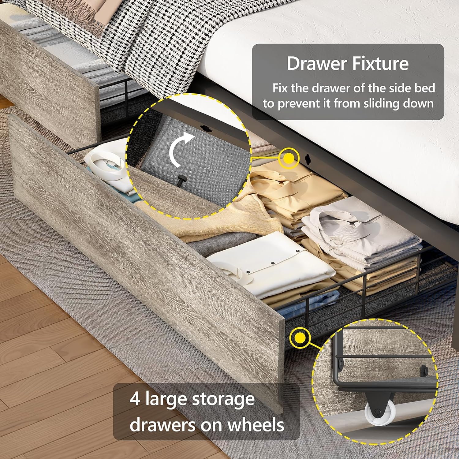 CSZZD Queen Bed Frame with 4 Storage Drawers and Bookcase Headboard, Upholstered Bed Queen Size with USB Charging Station & LED Lights, Metal Platform Bed with Storage, No Box Spring Needed, Oak Gray
