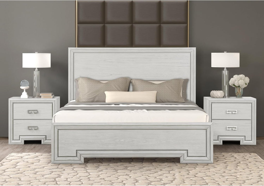Furniture of America Babsi Modern Wood 3-Piece Bedroom Set with Greek Key Pull, USB Chargers on Nightstand, Felt-Lined Top & Cedarwood-Lined Bottom Drawers, Box Spring Needed, King, Rustic White