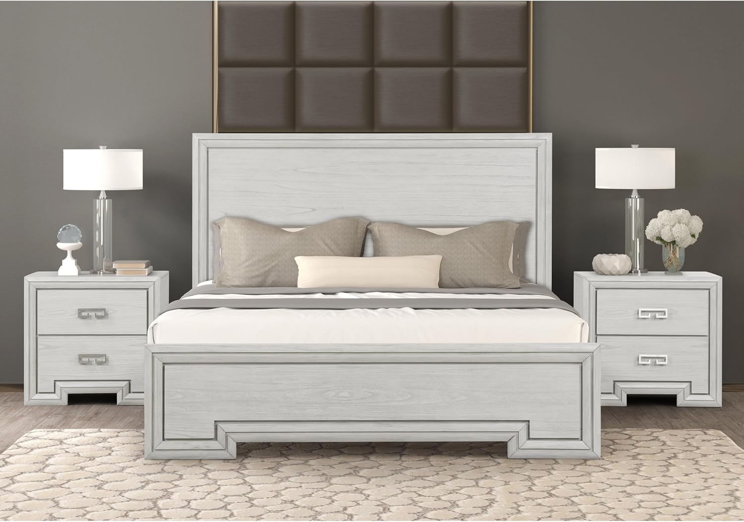 Furniture of America Babsi Modern Wood 3-Piece Bedroom Set with Greek Key Pull, USB Chargers on Nightstand, Felt-Lined Top & Cedarwood-Lined Bottom Drawers, Box Spring Needed, Queen, Rustic White