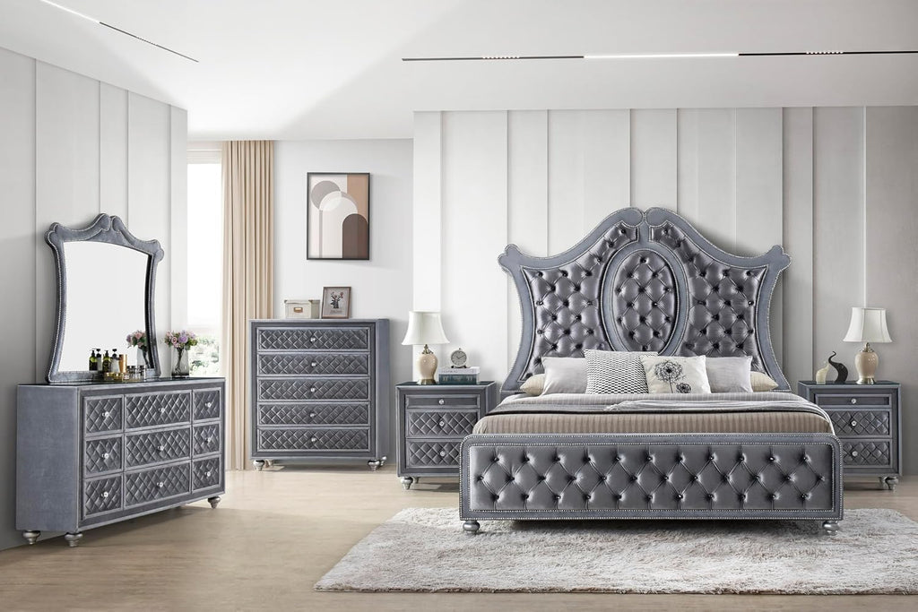 5pc Traditinal Gray Finish Luxury Upholstered King Size Panel Bed Set Arched Headboard Bedroom Furniture