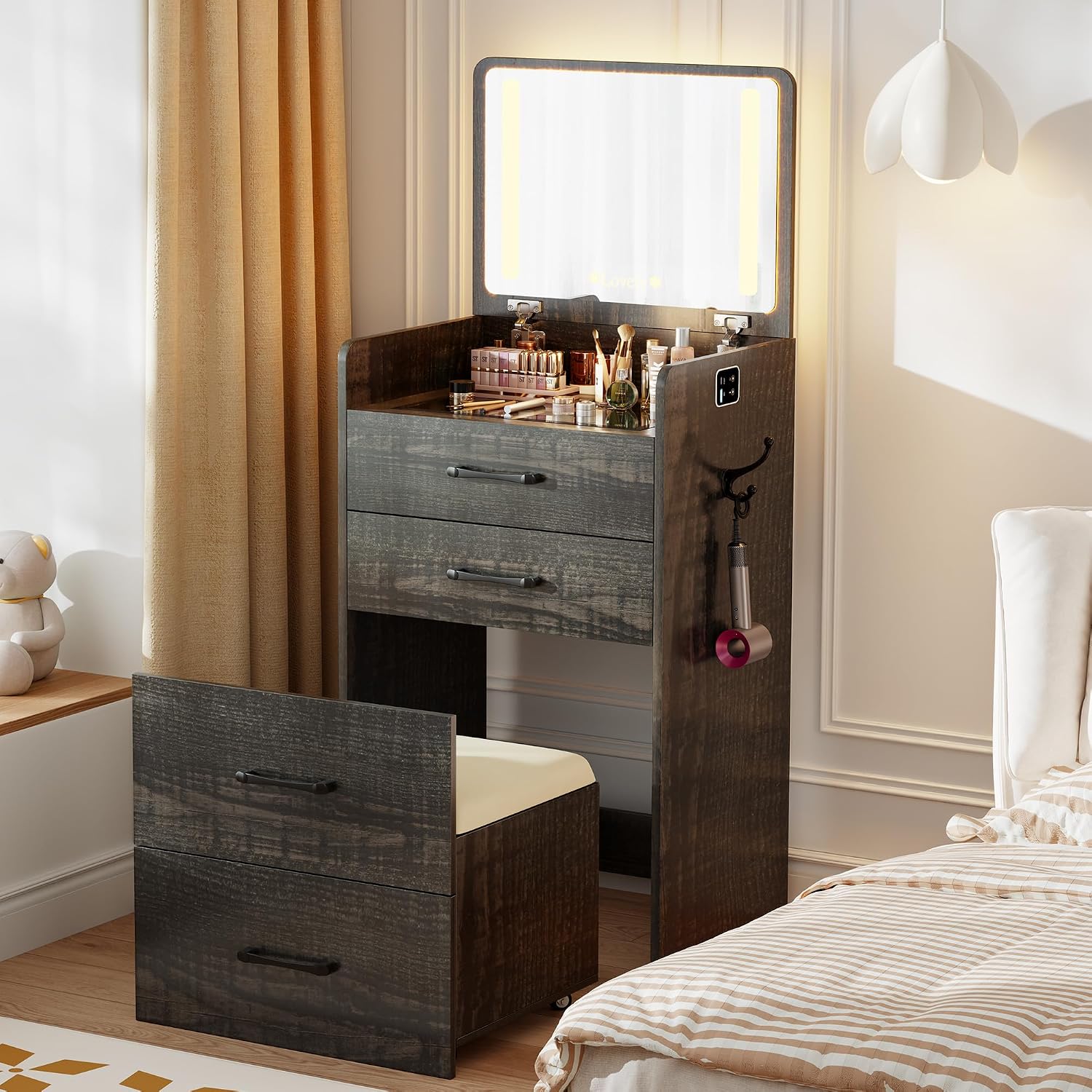 3 in 1 Vanity Desk with Flip up Mirror and Lights, Glass Top Makeup Vanity Table with Charging Station,LED Compact Dressing Table with 3 Drawer and Wheel Storage Stool for Bedroom(Brown)