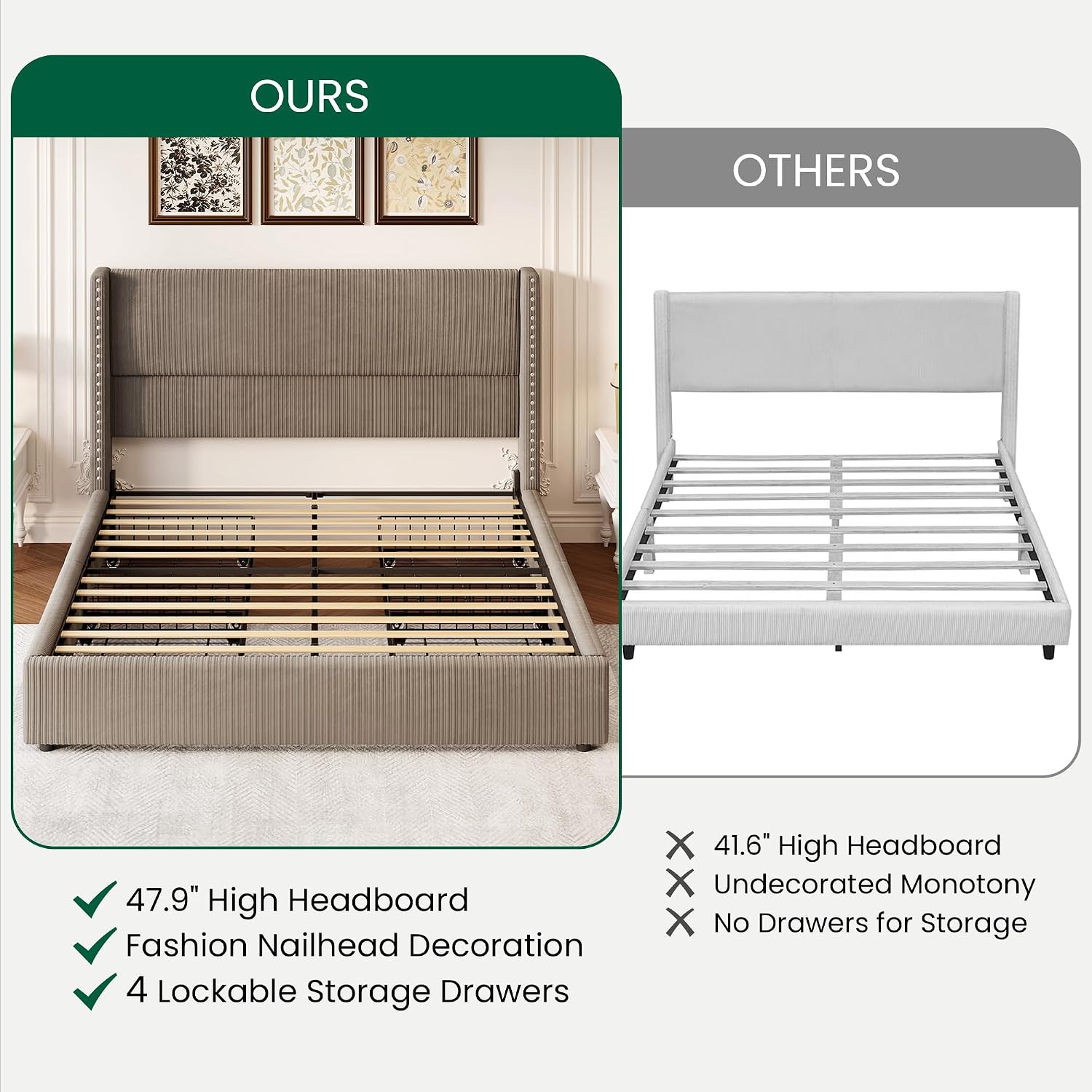 LARMACE King Size Bed Frame with 4 Storage Drawers,Corduroy Upholstered King Size Platform Bed Frame with Tufted Vertical Stripe,Solid Wood Leg/No Box Spring Needed/Noise Free,Brown